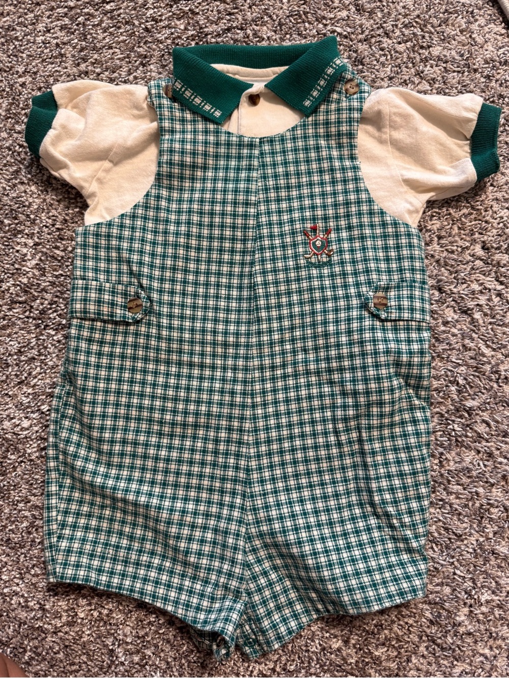 Vintage Green Plaid Baby Romper with Cream Shirt Set